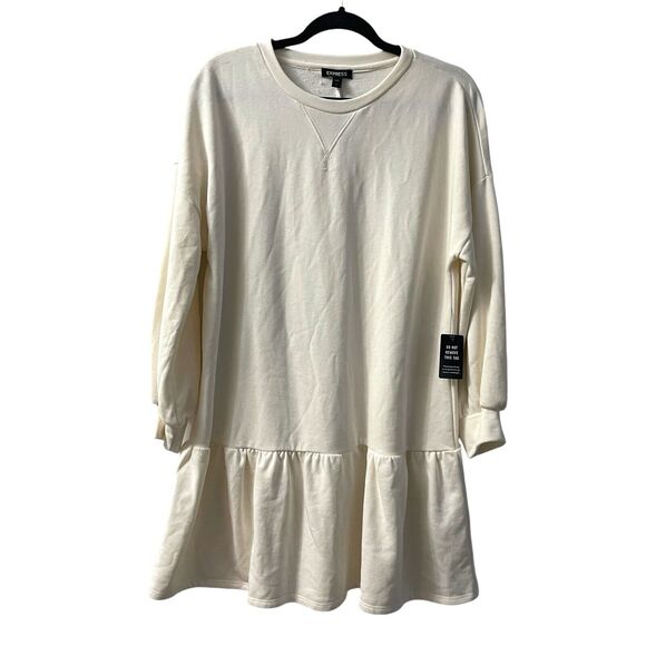 Express Sweater Dress Small Cream Drop Waist Crew Neck Long Sleeve NWT - Picture 1 of 6